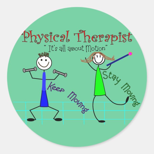 Physiotherapeut Stick People "Behalt Moving" Runder Aufkleber (Vorderseite)