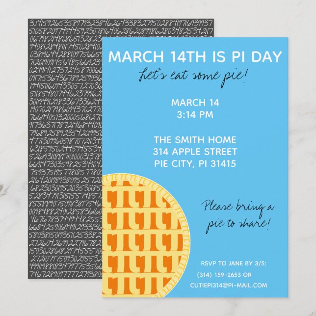 Pi Day Party Einladung mit Pi-Ziffern auf der Rück (Vorne/Hinten)