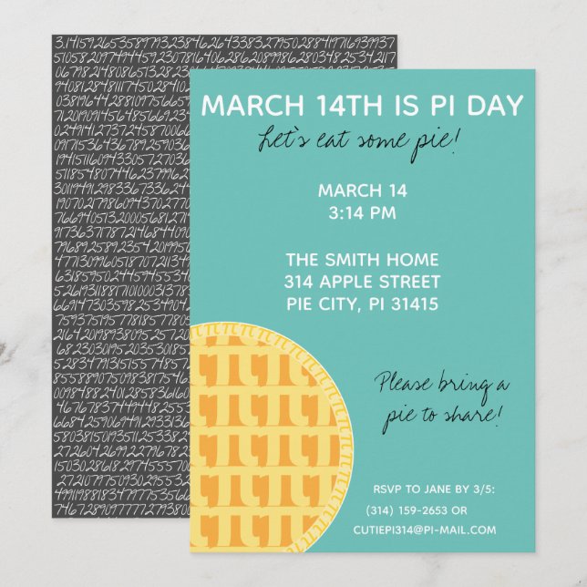 Pi Day Party Einladung mit Pi-Ziffern auf der Rück (Vorne/Hinten)