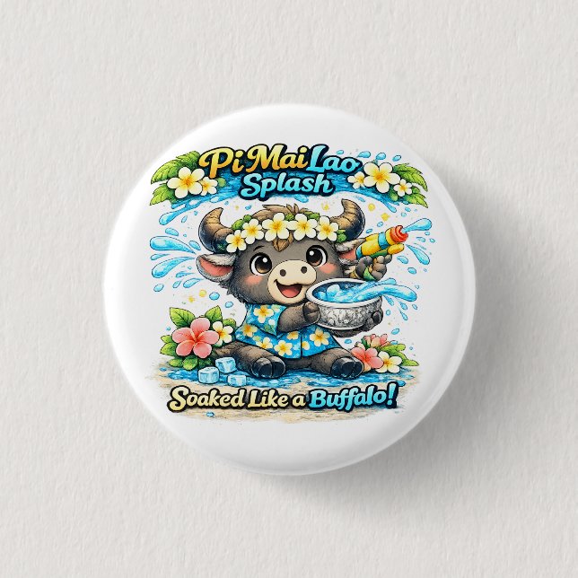 Pi Mai Lao Splash Durchnässt wie ein Büffel Lustig Button (Vorderseite)