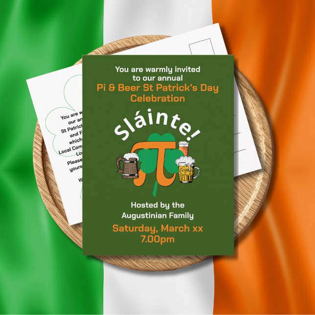 PI UND BIER ST PATRICKS TAG Einladung Postkarte (Fun Irish-themed St Patrick's Day Pi and Beer postcard invitation, combined with Pi symbol.)