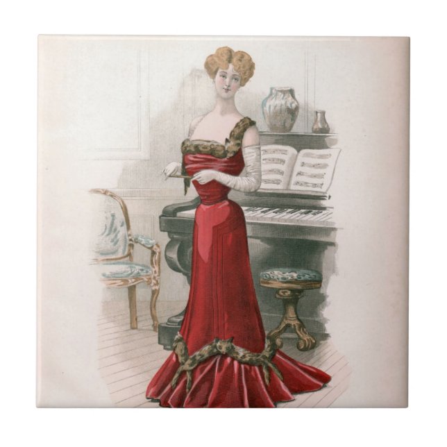 Pianist Vintag Edwardian Fashion Illustration Fliese (Vorderseite)