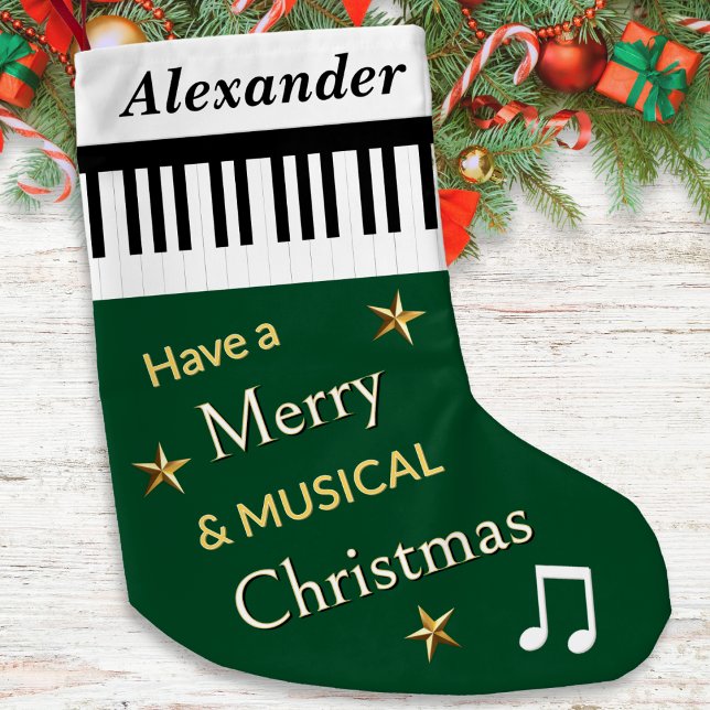 Piano Keys Forest Green Music als Personalisiert Kleiner Weihnachtsstrumpf (A Christmas stocking in forest green with piano keys design, custom name and music themed greeting)