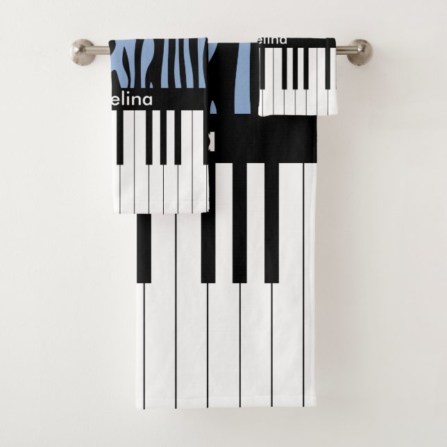 Piano Keys Sky Blau und schwarz Zebra Print Badhandtuch Set (Insitu)