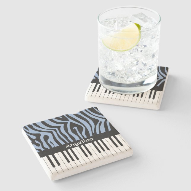 Piano Keys Sky Blau und schwarz Zebra Print Steinuntersetzer (Seitenansicht)
