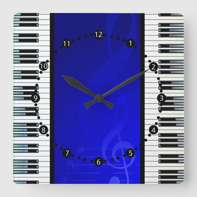 Piano Keys with Blue Effect Musical Notes Quadratische Wanduhr (Vorderseite)