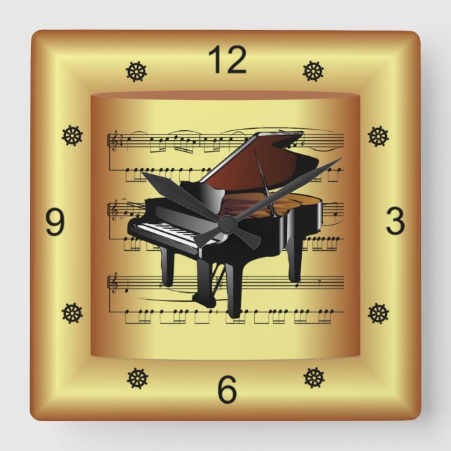 ~ Piano ~ Kurveste Noten ~ Gold Background ~ Quadratische Wanduhr (Vorderseite)