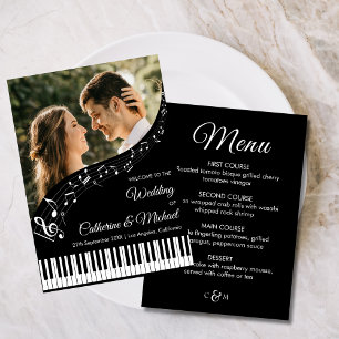 Piano Music Black & White Foto Monogram Wedding Menükarte