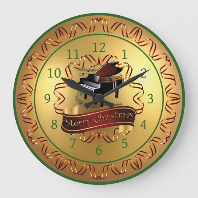 Piano ~ Musical Scroll ~ Gold "Frohe Weihnachten"  Große Wanduhr (Vorderseite)