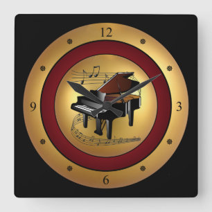 Piano~Musical Scroll~Gold/Maroon/Black Background~ Quadratische Wanduhr