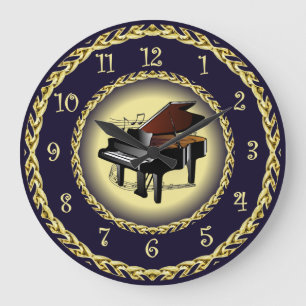 Piano ~ Musikalische Scroll ~ Gold/Navy Blue ~ ~ ~ Große Wanduhr