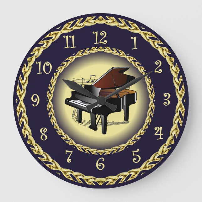 Piano ~ Musikalische Scroll ~ Gold/Navy Blue ~ ~ ~ Große Wanduhr (Vorderseite)