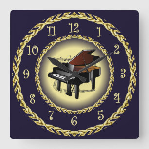 Piano ~ Musikalische Scroll ~ Gold/Navy Blue ~ ~ ~ Quadratische Wanduhr