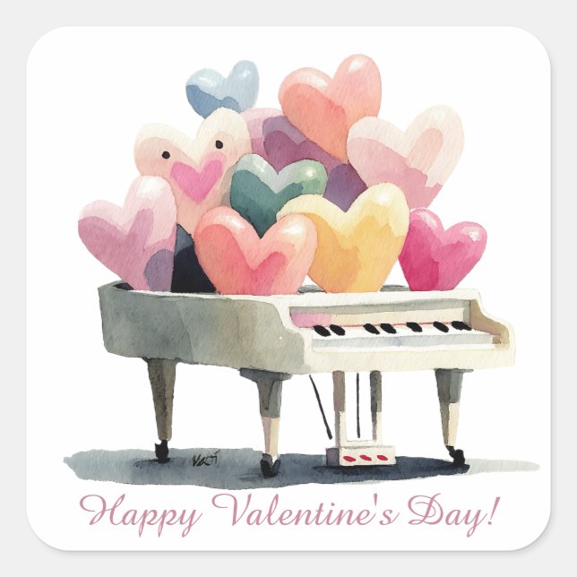 Piano of Love Hearts Valentine's Day Quadratischer Aufkleber (Vorderseite)