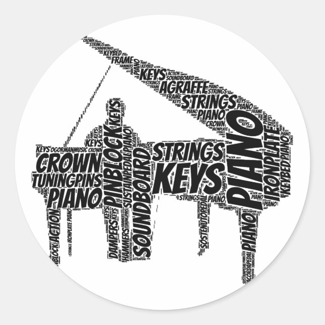 Piano Shaped Word Art Black Text Runder Aufkleber (Vorderseite)