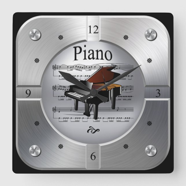 Piano - Sheet Music - Brushed Silver Color - Einma Quadratische Wanduhr (Vorderseite)