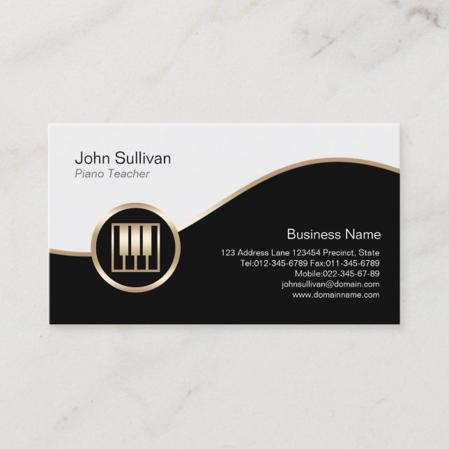 Piano Teacher Business Card Gold Piano Keys Symbol Visitenkarte (Vorderseite)