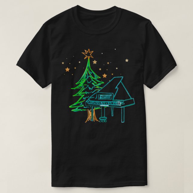 Piano und Weihnachtsbaum mit Sternen T-Shirt (Design vorne)