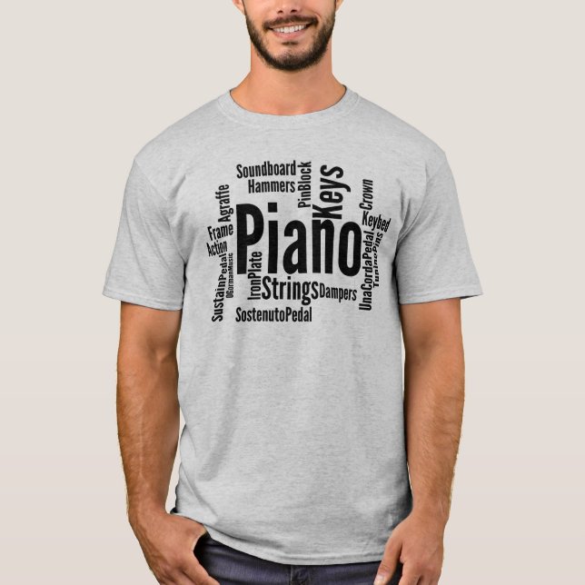Piano Word Cloud Black Text T-Shirt (Vorderseite)