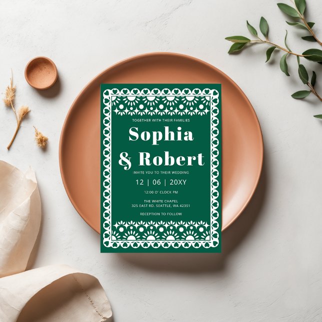 Picado Boho Wedding Einladung (Mexican Fiesta Green Papel Picado Boho Wedding Invitation)