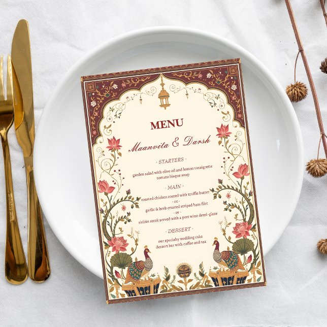 Pichwai Indian Lotus Peacock Wedding Menu Menükarte (Von Creator hochgeladen)