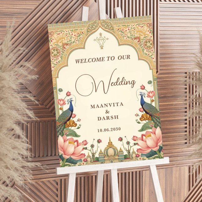 Pichwai Indian Lotus Peacock Wedding Welcome Sign Poster (Von Creator hochgeladen)