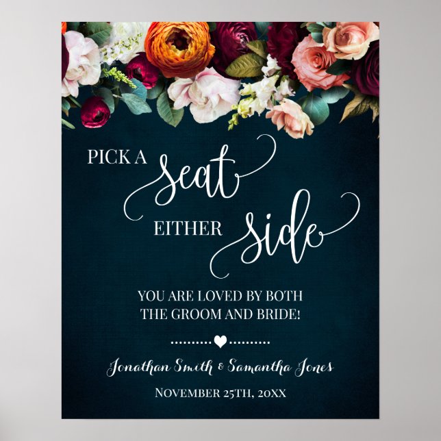 Pick Seat Either Side Wedding Wine Navy Schild (Vorne)