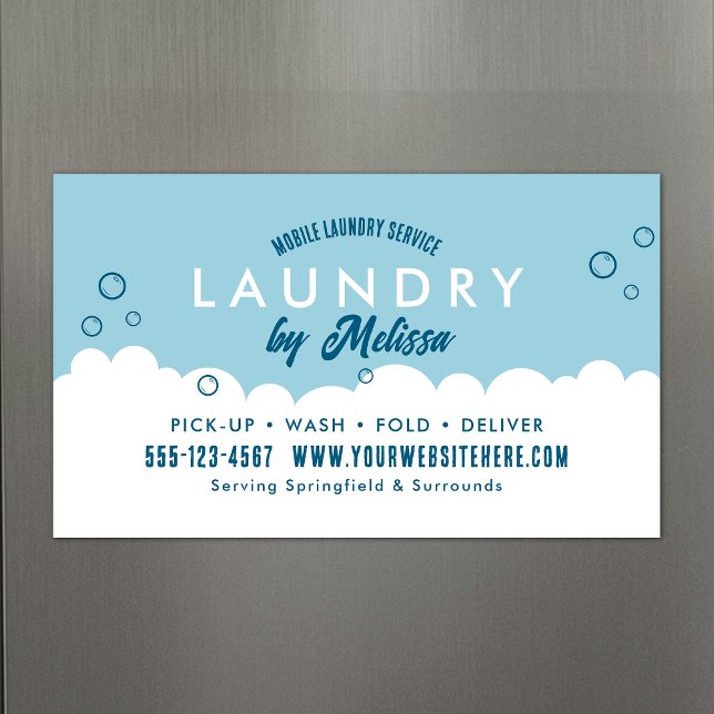 Pick-Up Laundry Service Blue & White Magnetic Card Magnetkarte (Promotional laundry service magnetic business cards in blue and white)