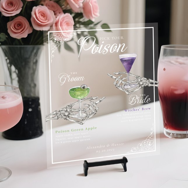 Pick your Poison Skelettbrille & Groom Cocktails Acrylschild (Pick Your Poison Skeleton Bride & Groom Cocktails Acrylic Sign
)
