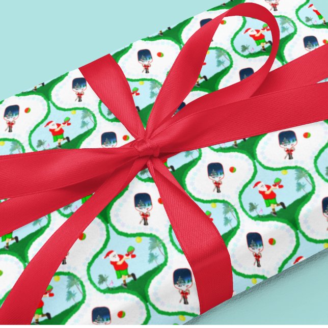 Pickball Weihnachten mit Santa in Florida Geschenkpapier (Festive retro pickleball wrap - Santa plays with tropical vibes and flair!)