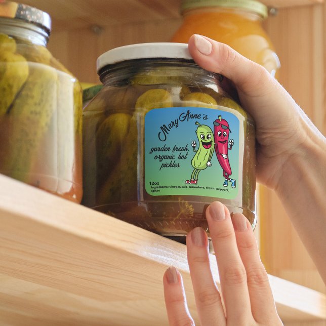 Pickle und Pfefferpals Funny Cartoon Pickles Label Quadratischer Aufkleber (Von Creator hochgeladen)