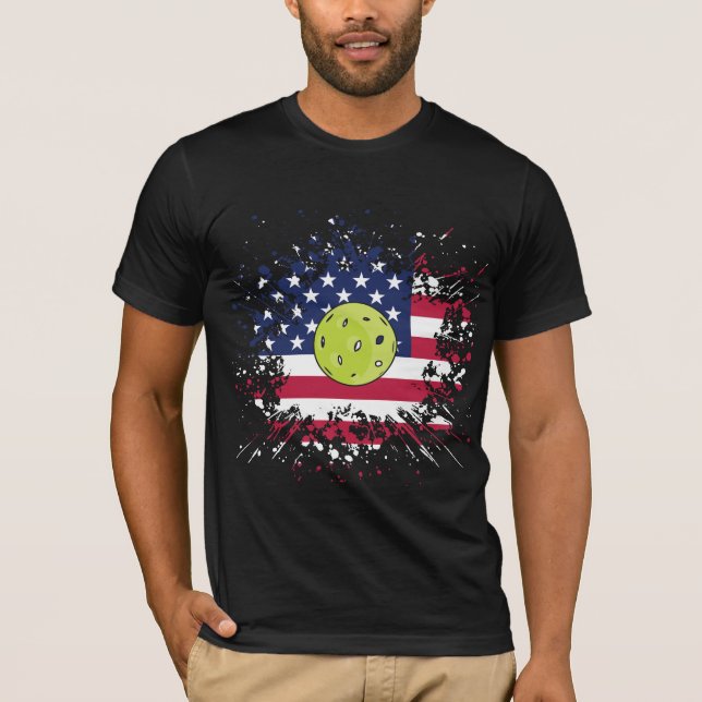 Pickleball American Flag US Racket Paddle Ball T-Shirt (Vorderseite)