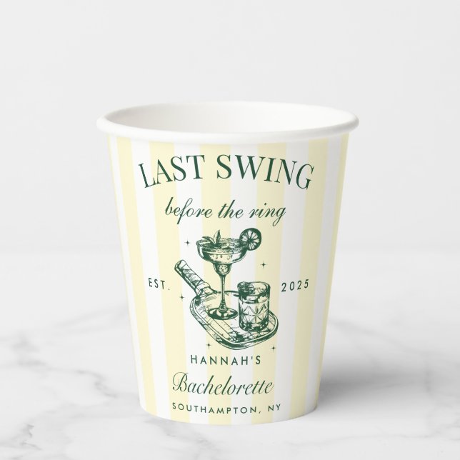 Pickleball Bach Cocktail Grün & Gelb Streifen Pappbecher (Vorderseite)