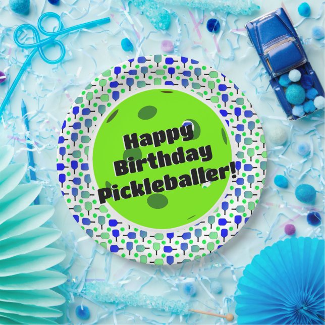 Pickleball Birthday Blue Green Personalisiert Happ Pappteller (Party)