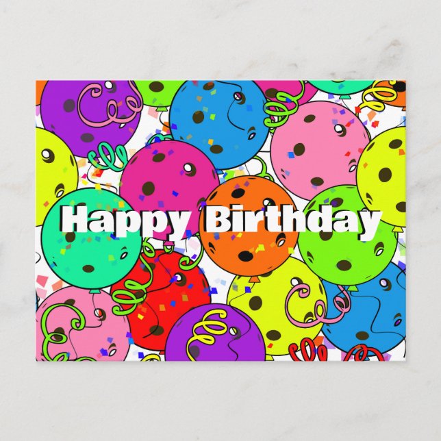 Pickleball Birthday farbenfrohe Ballons und Confet Postkarte (Vorderseite)
