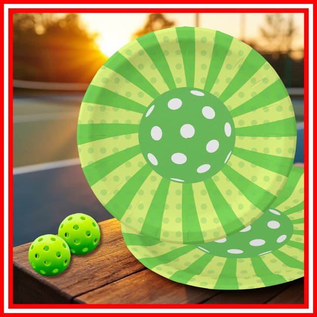 Pickleball Birthday Green RETRO Streifen Sport Pappteller (Pickleball Birthday Green RETRO Stripes Sports Paper Plates)