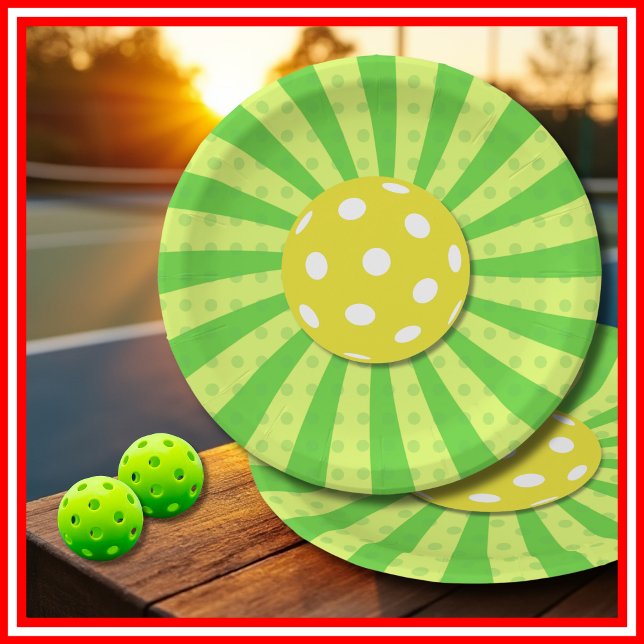 Pickleball Birthday Green RETRO Streifen Sport Pappteller (Pickleball Birthday Green RETRO Stripes Sports Paper Plates)