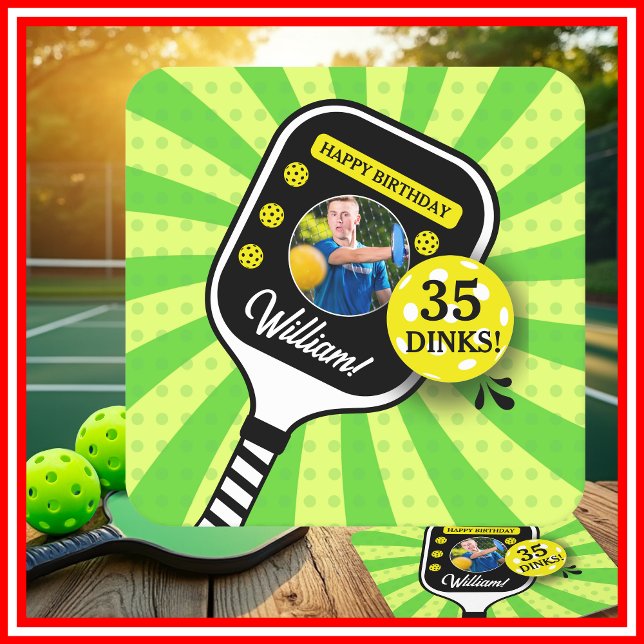 Pickleball Birthday Party RETRO Green Sports FOTO Rechteckiger Pappuntersetzer (Pickleball Birthday Party RETRO Green Sports PHOTO Square Paper Coaster)