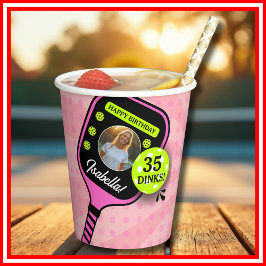 Pickleball Birthday RETRO Pink Sports FOTO Pappbecher