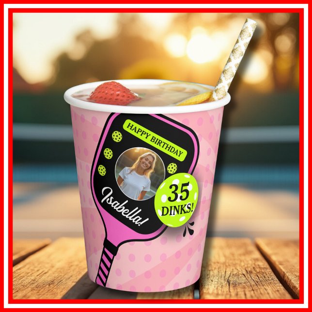 Pickleball Birthday RETRO Pink Sports FOTO Pappbecher (Pickleball Birthday RETRO Pink Sports PHOTO Paper Cups)