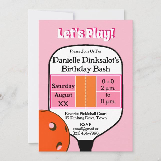 Pickleball Court Birthday Party Pink Orange Foto Einladung (Vorderseite)