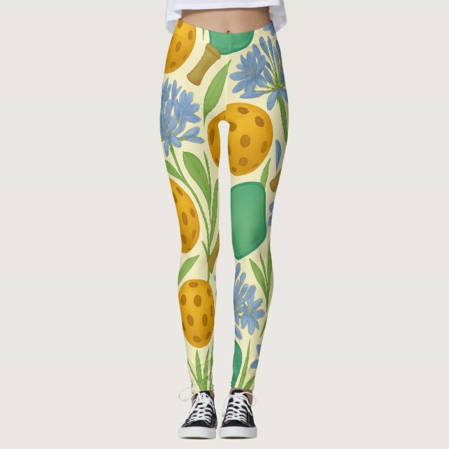 Pickleball Floral Paddle Ball Nahtlose Printwerbun Leggings (Vorderseite)