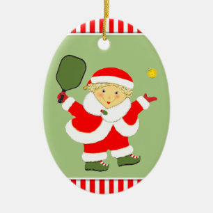 Pickleball Frau Claus Keramik Ornament