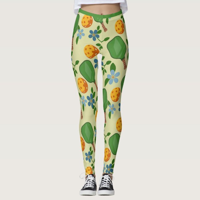 Pickleball Fun Leggings mit lebhaftem Blumengestei (Vorderseite)
