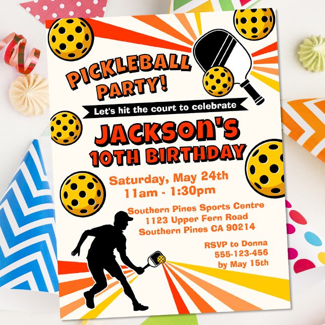 Pickleball Geburtstagsparty Retro Vintage Spieler Postkarte (Pickleball Postcard Invitation - Orange/Yellow)
