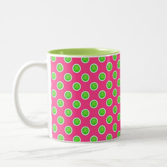 Pickleball Green Pickleballs Polka Dots Hot Pink Zweifarbige Tasse (Links)