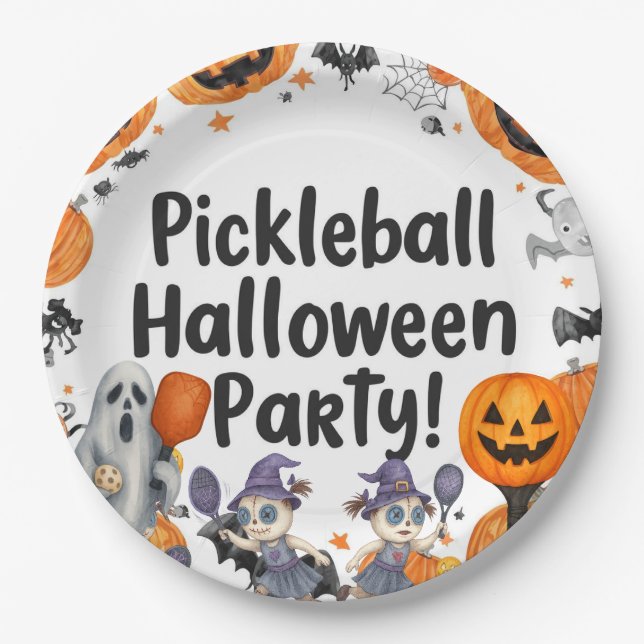 Pickleball-Halloween-Party mit Paddel und Ball Pappteller (Vorderseite)