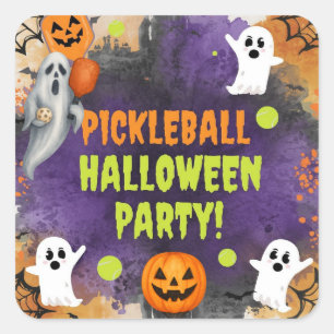 Pickleball-Halloween-Party mit Paddel und Ball Quadratischer Aufkleber
