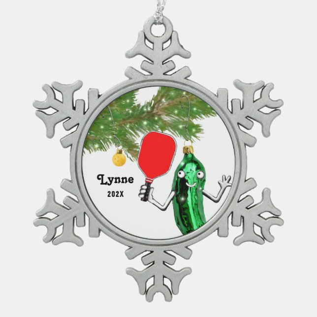 Pickleball Holiday Geschenk Schneeflocken Zinn-Ornament (Vorderseite)