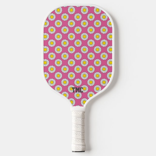 Pickleball Initials Pink Yellow White Daisies ihr Pickleball Schläger (Vorderseite)